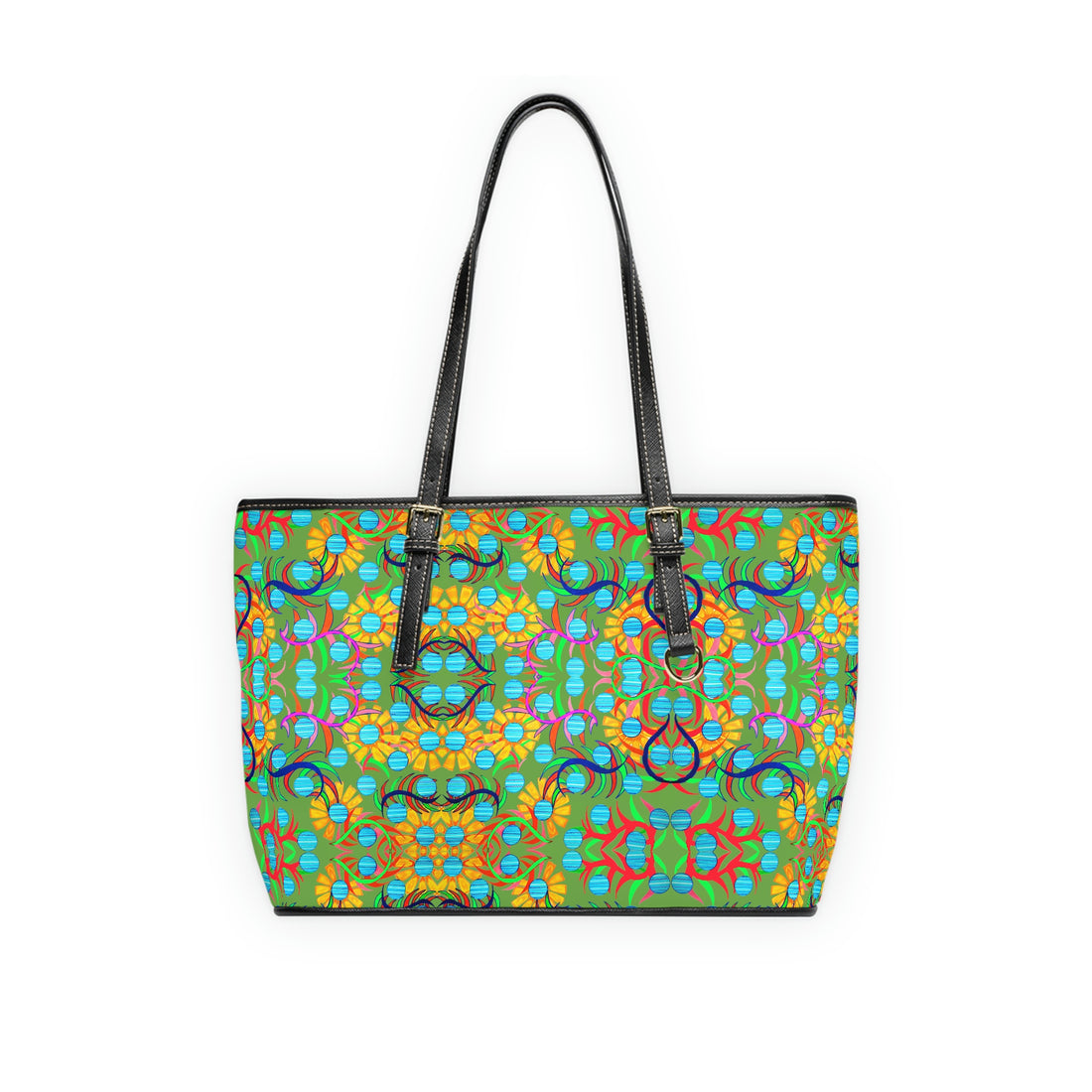 olive sunflower print pu leather zipper tote bag