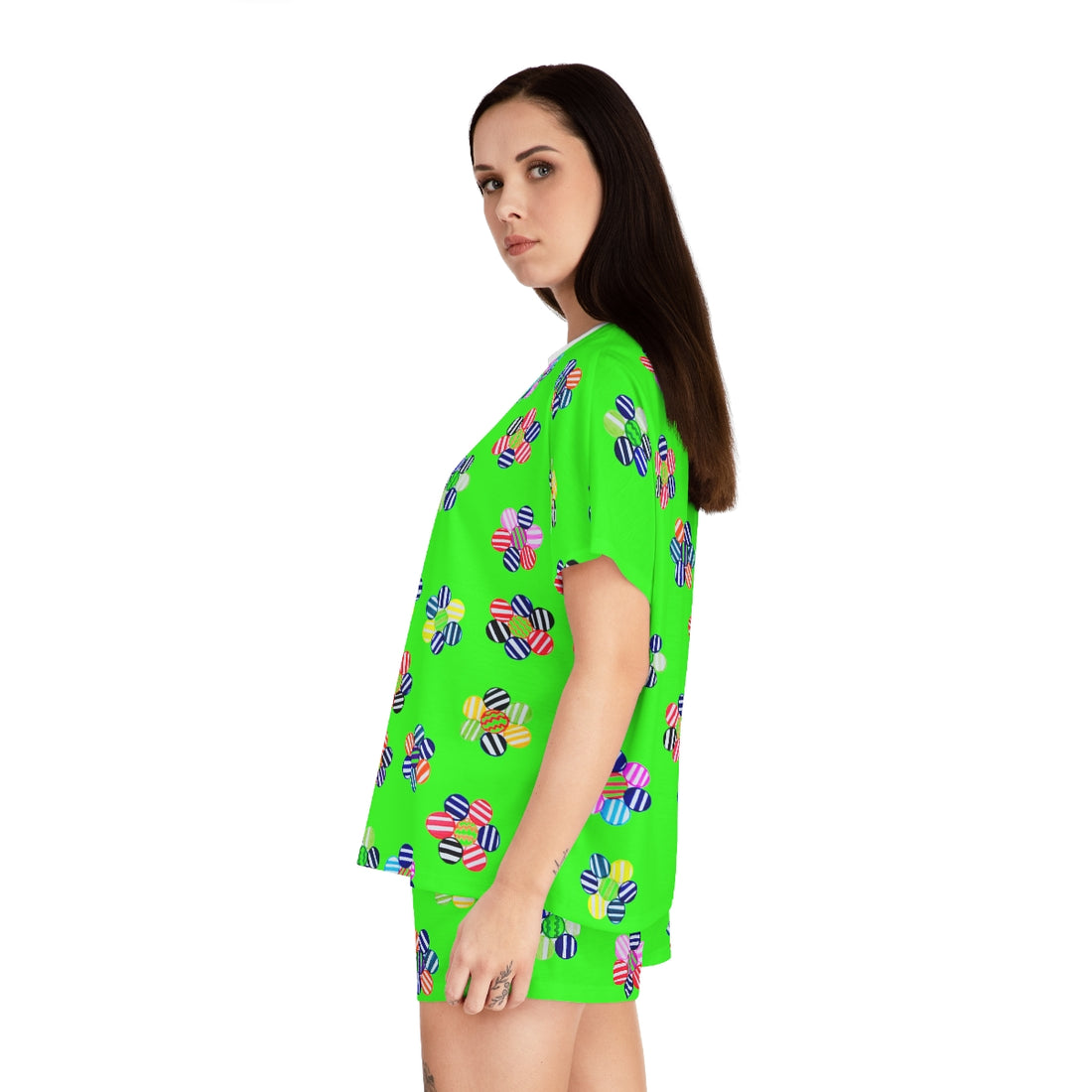 Neon Green Candy Floral Short Pajama Set (AOP)