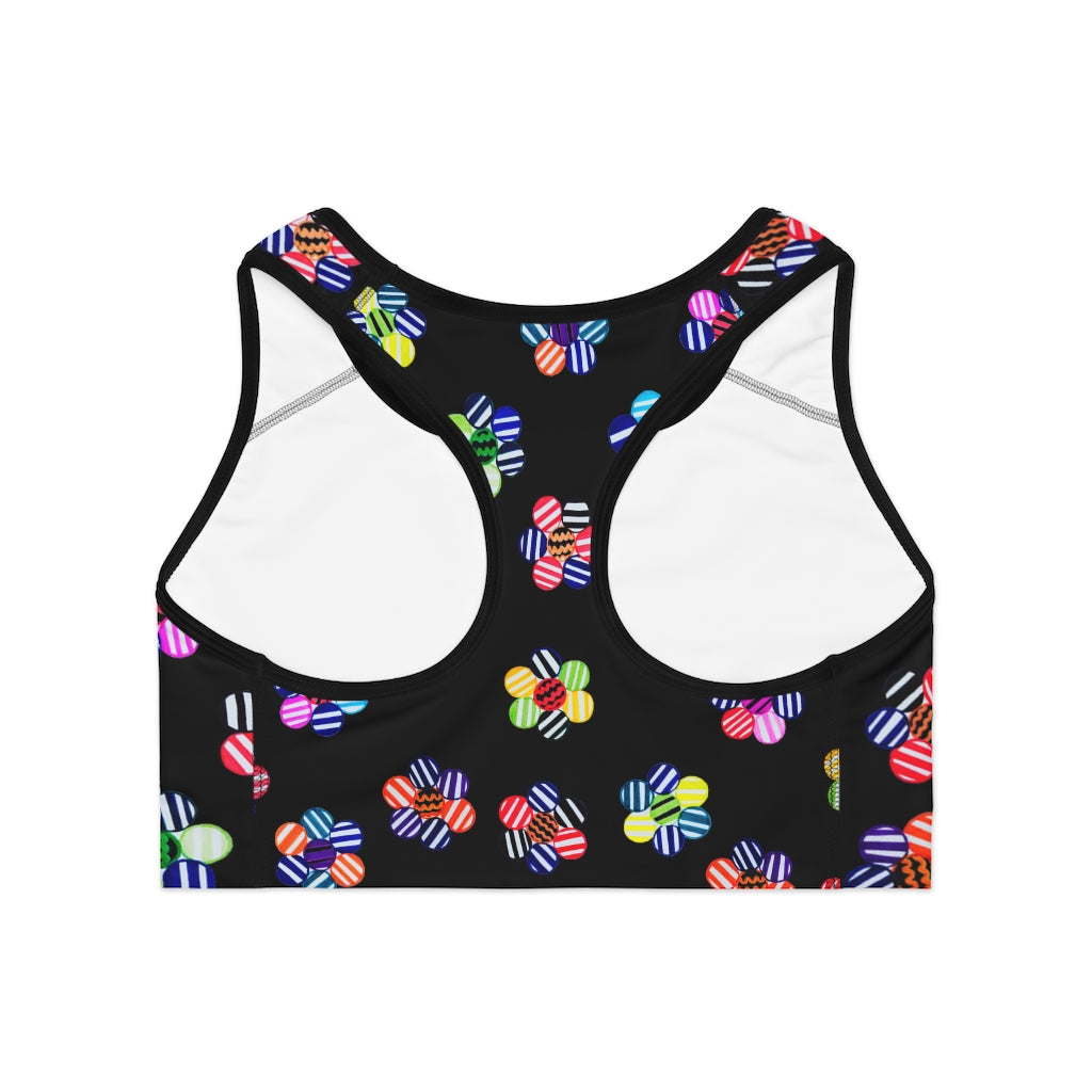 black geometric flowers sports bra