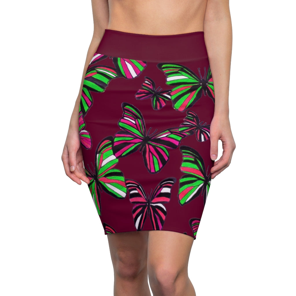 Marsala Butterflies Pencil Skirt