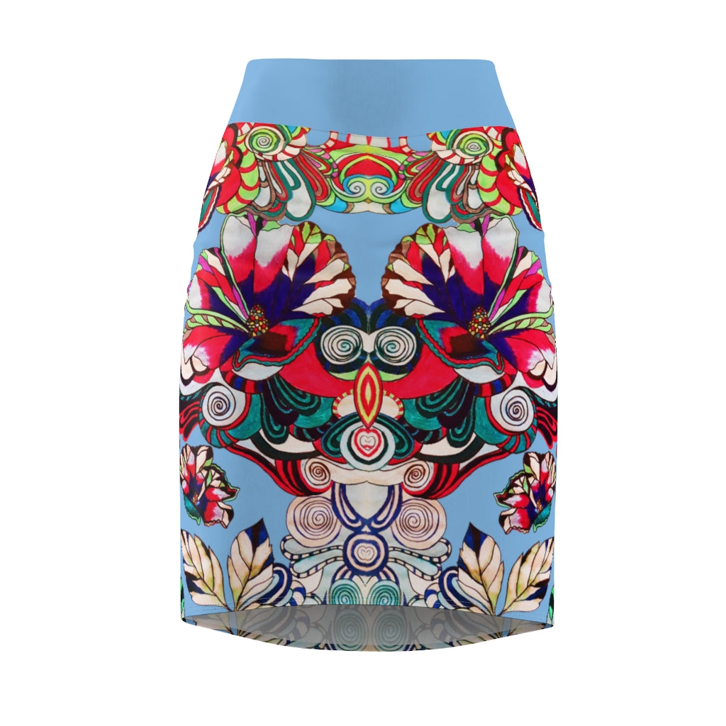Floral Pop Blue Pencil Skirt