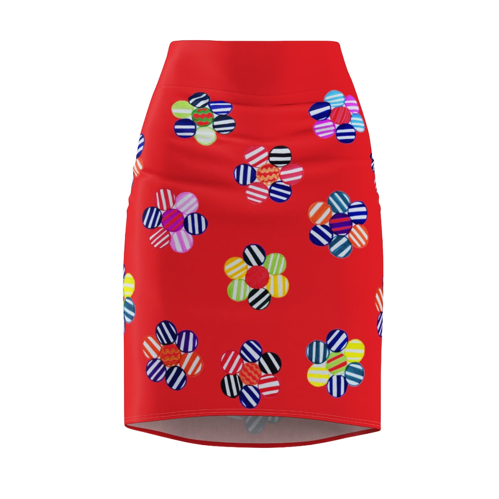 red striped floral print pencil skirt