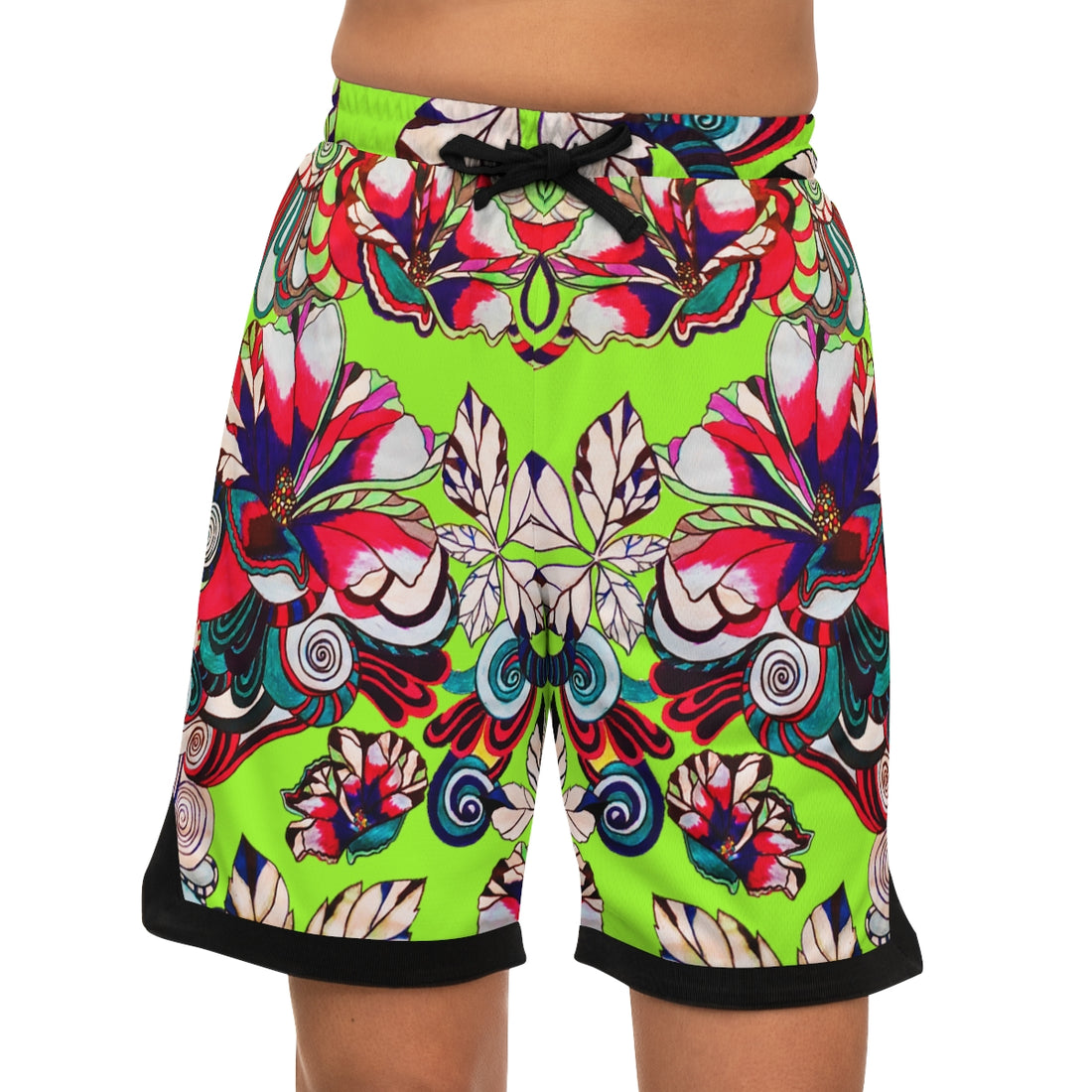 Lime Green Graphic Floral Basketball Rib Shorts (AOP)