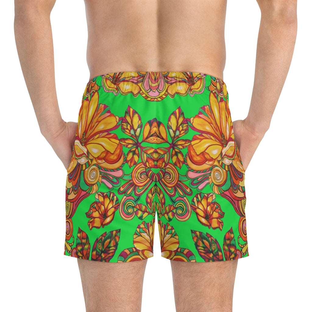 Artsy Floral Men's Green Swimming Trunks