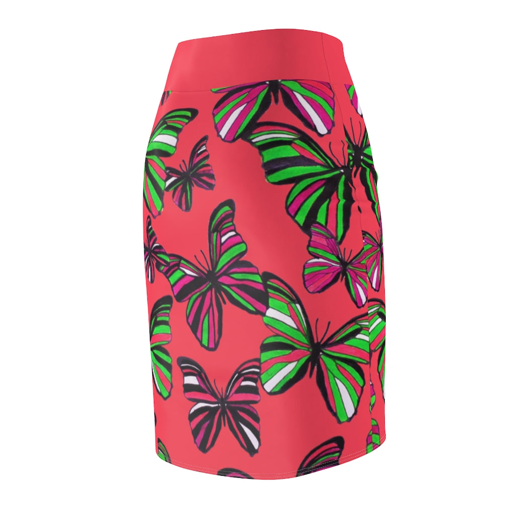 Coral Red Butterflies Pencil Skirt