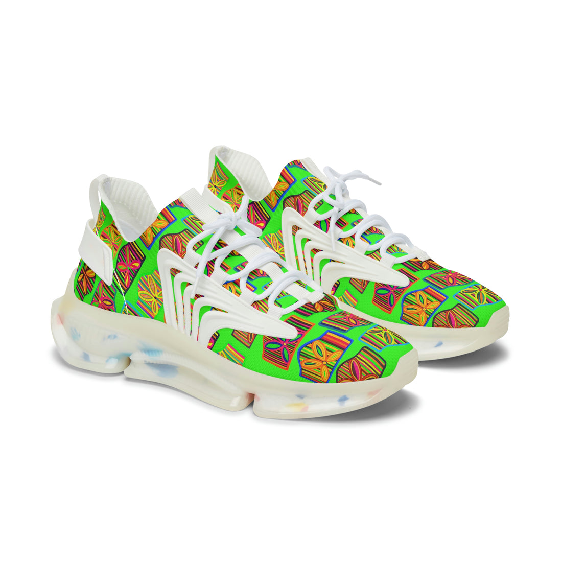 neon green women's art deco print mesh knit sneakers