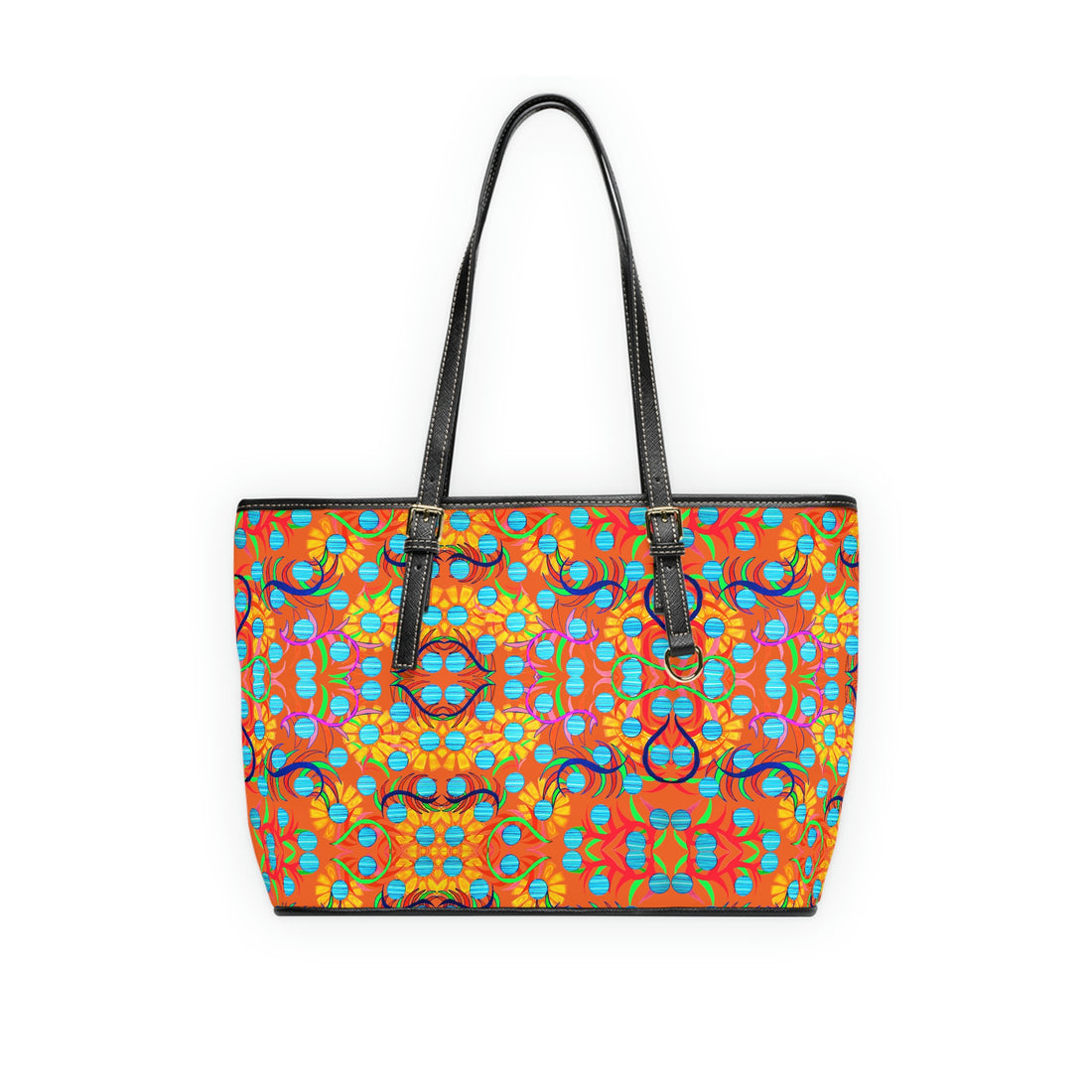 orange sunflower print pu leather zipper tote bag