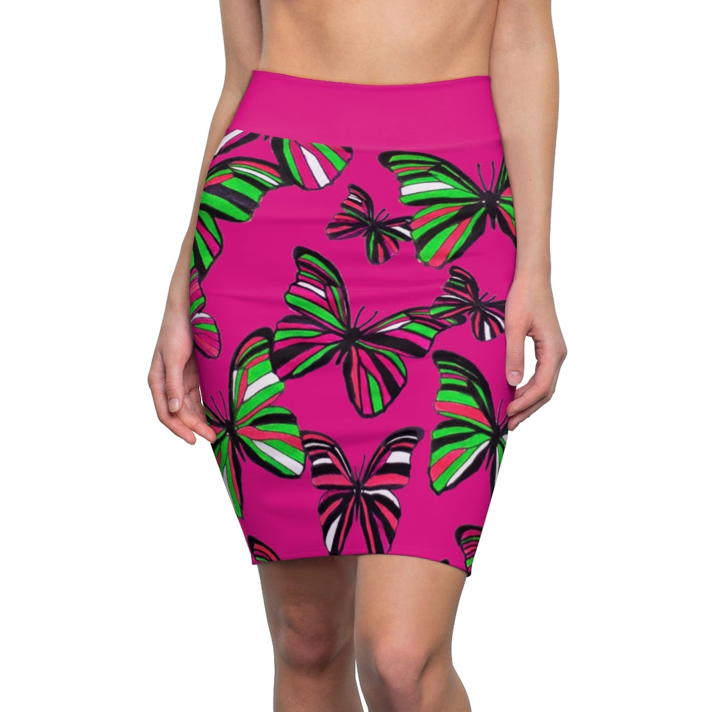 Hot Pink Butterflies Pencil Skirt