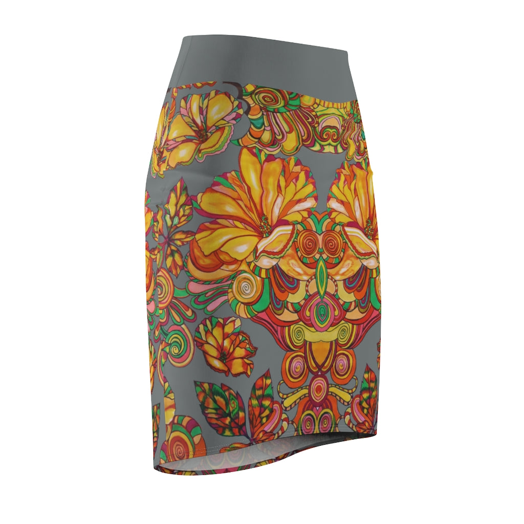 Artsy Floral Ash Pencil Skirt