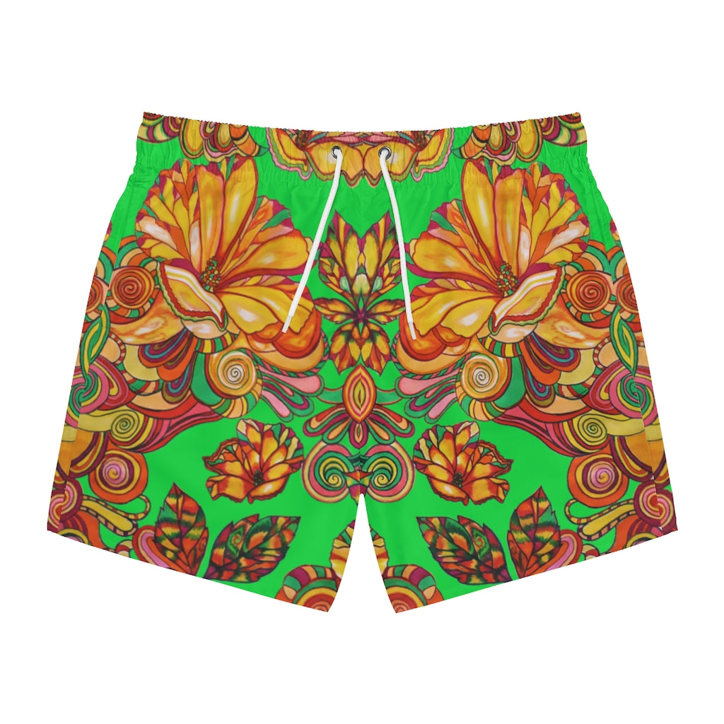 Artsy Floral Men's Green Swimming Trunks
