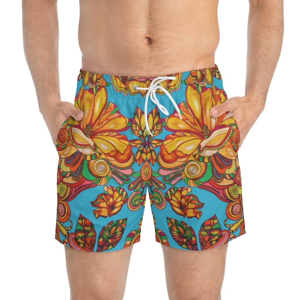 Artsy Floral Men's Aqua Swimming Trunks