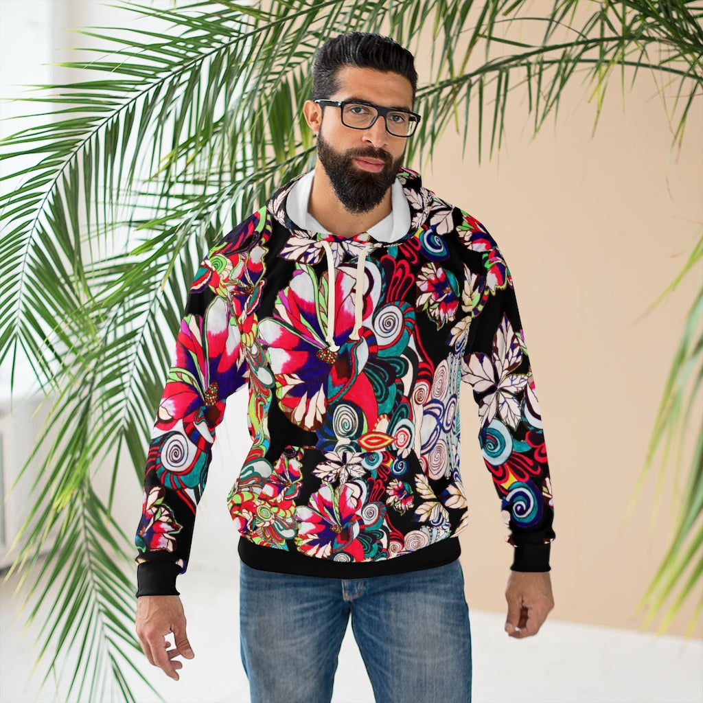 Unisex Artsy Floral Pop Black Pullover Hoodie