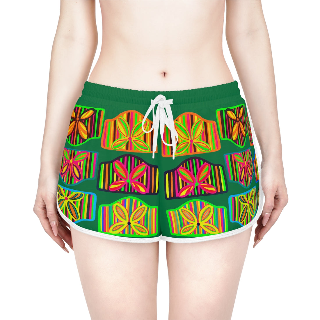 green art deco print relaxed gym shorts for women