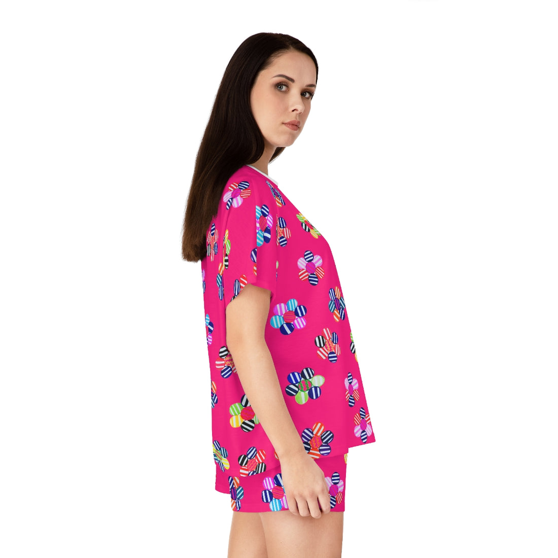 Hot Pink Candy Floral Short Pajama Set (AOP)