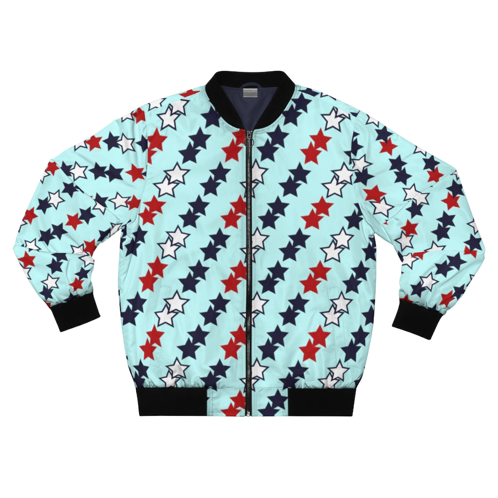 icy blue men's wear star print bomber jacket
