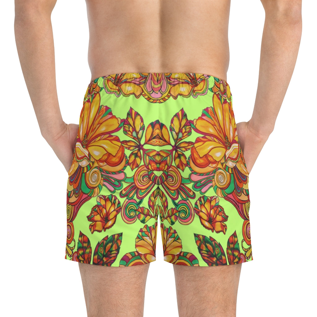 Artsy Floral Men's Lime Swimming Trunks