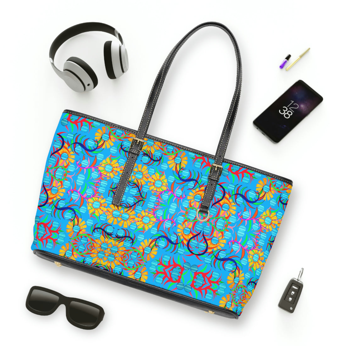 Aqua Sunflower PU Leather Shoulder Bag