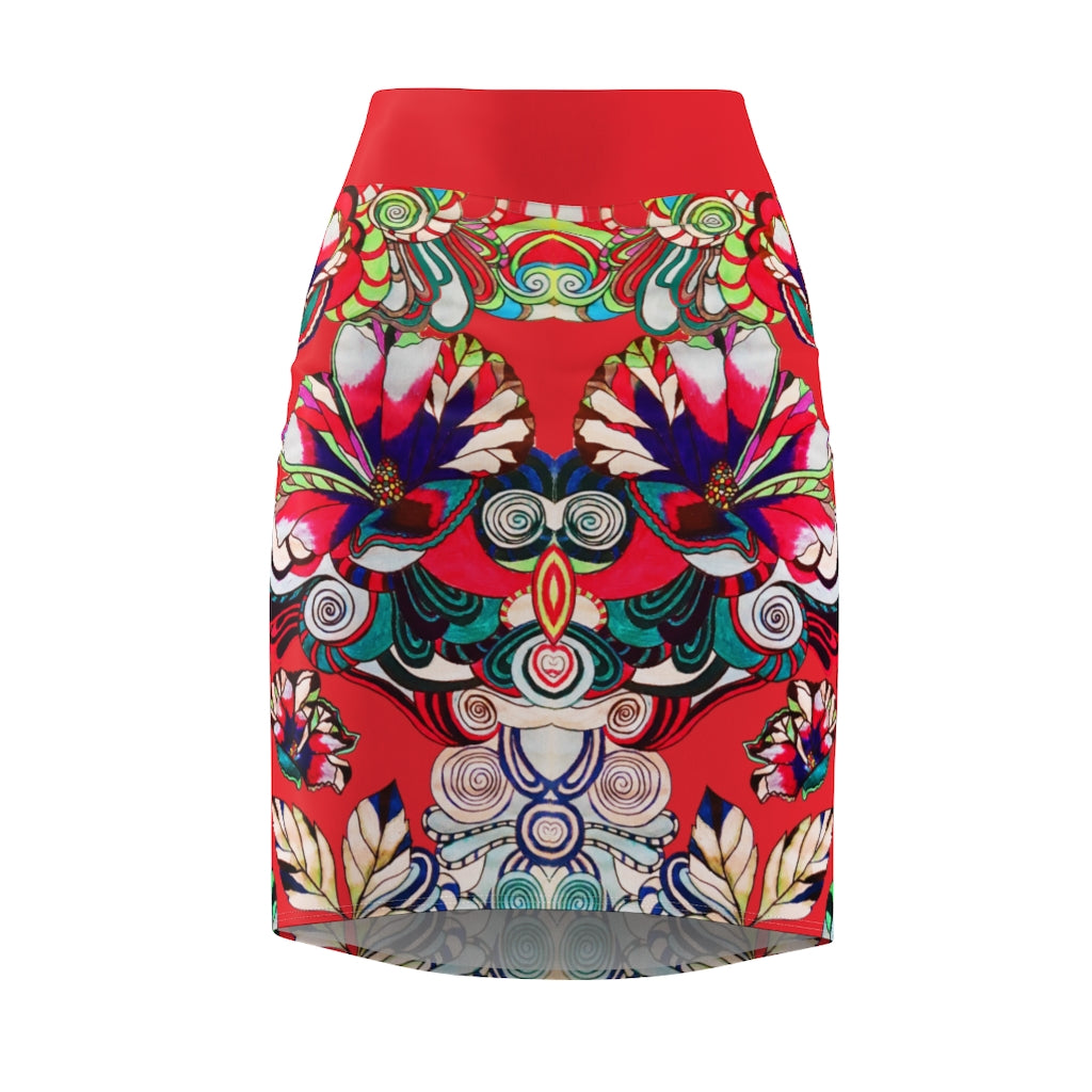 Floral Pop Red Pencil Skirt