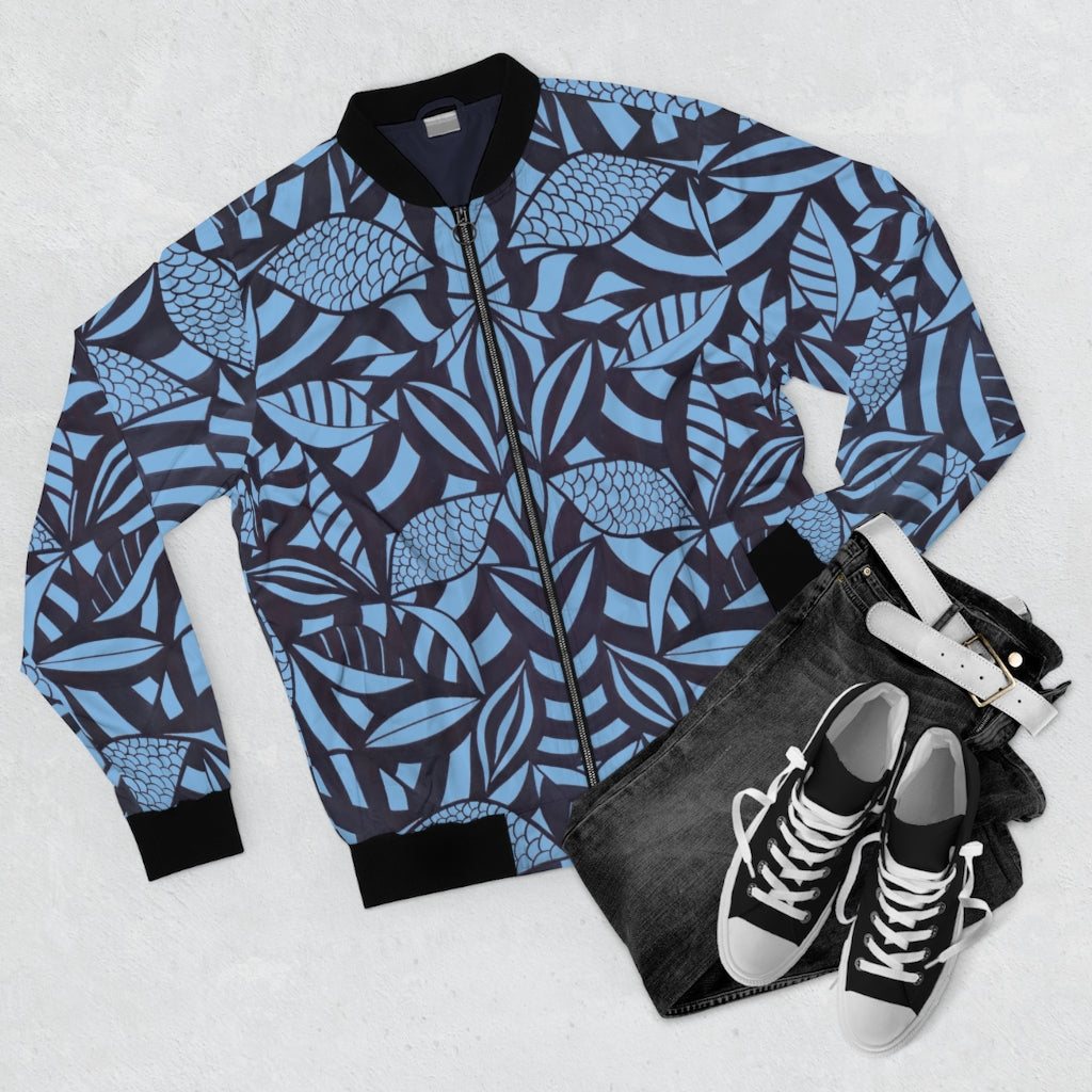 sky blue tropical leaves print men's bomber jacket
