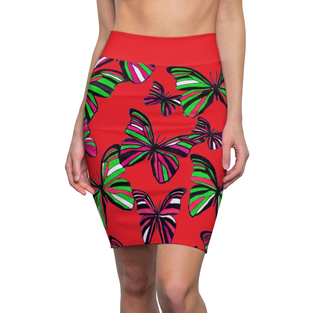 Red Butterflies Pencil Skirt