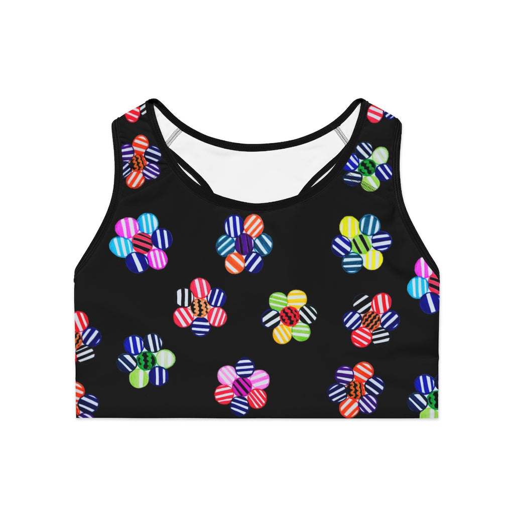 black geometric flowers sports bra