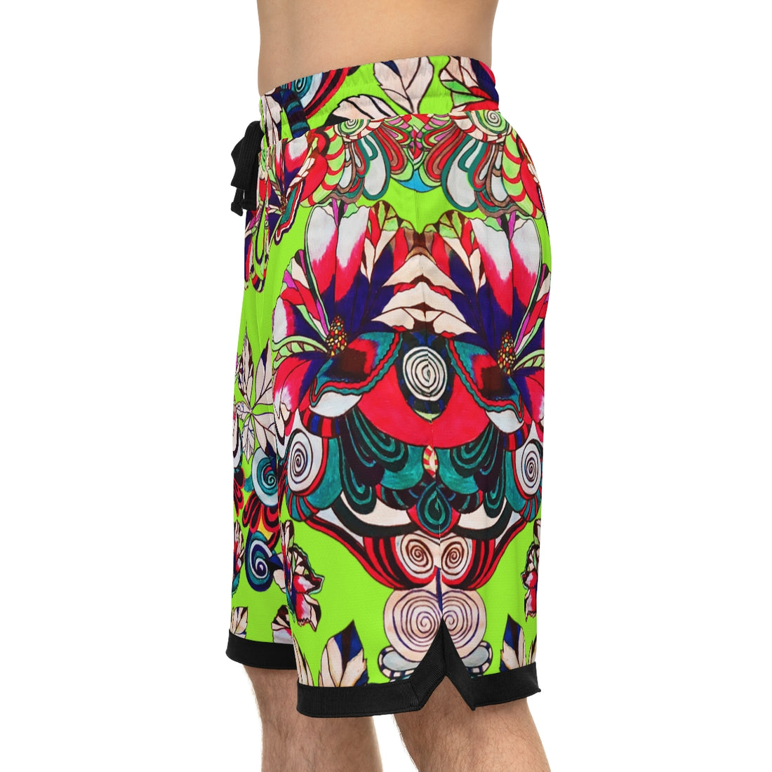 Lime Green Graphic Floral Basketball Rib Shorts (AOP)