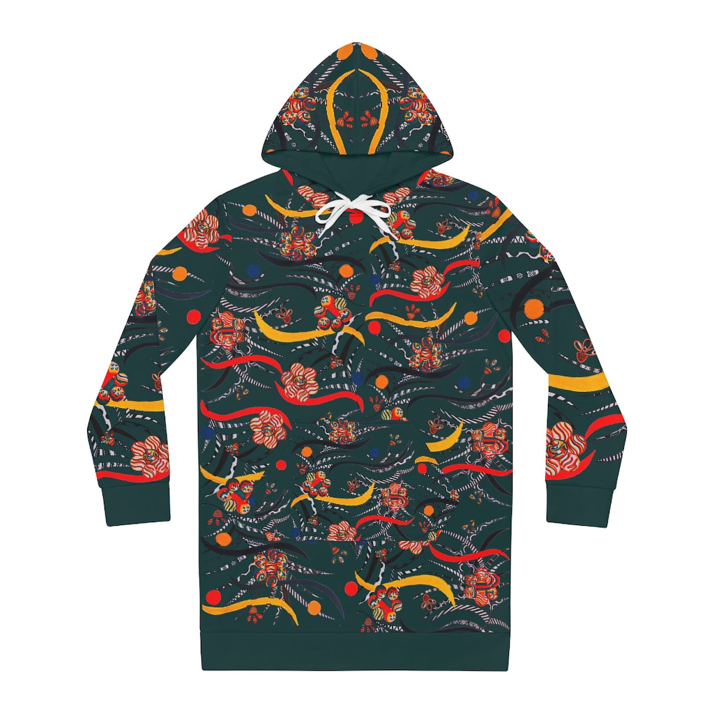 bottle green animal & floral print hoodie dress