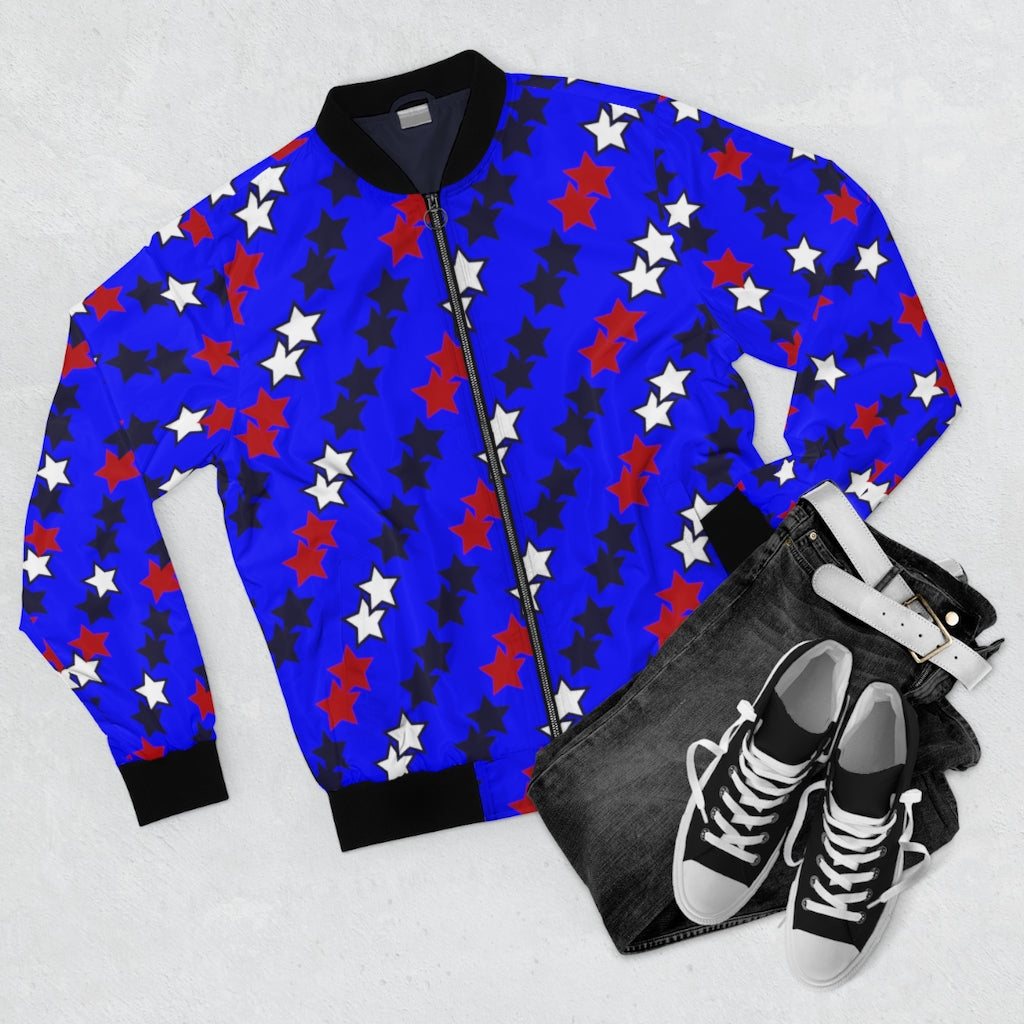 electric blue men's wear star print bomber jacket