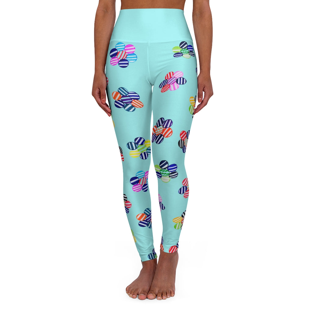 icy blue geometric floral printed yoga leggings