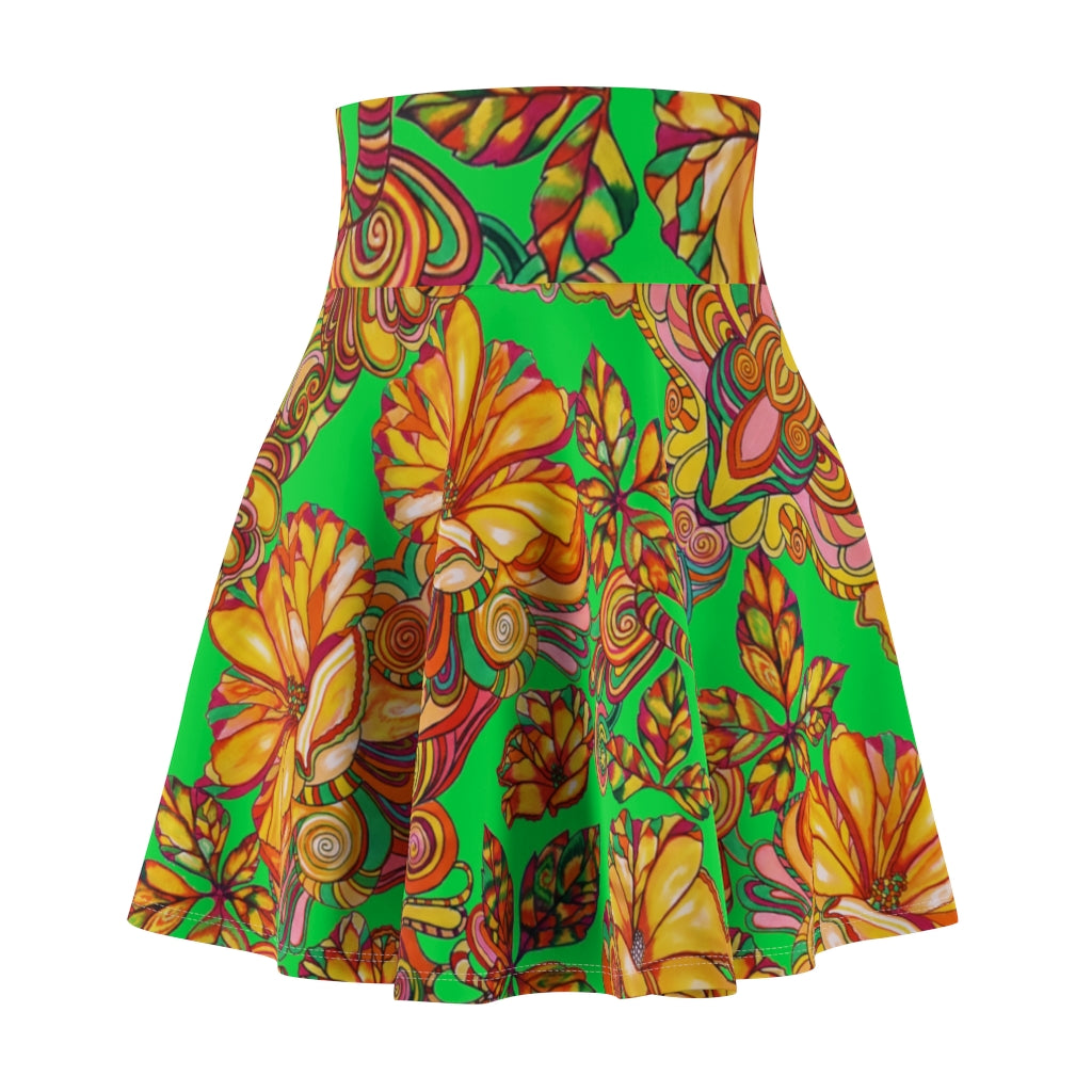 Artsy Floral Lawn Green Skater Skirt