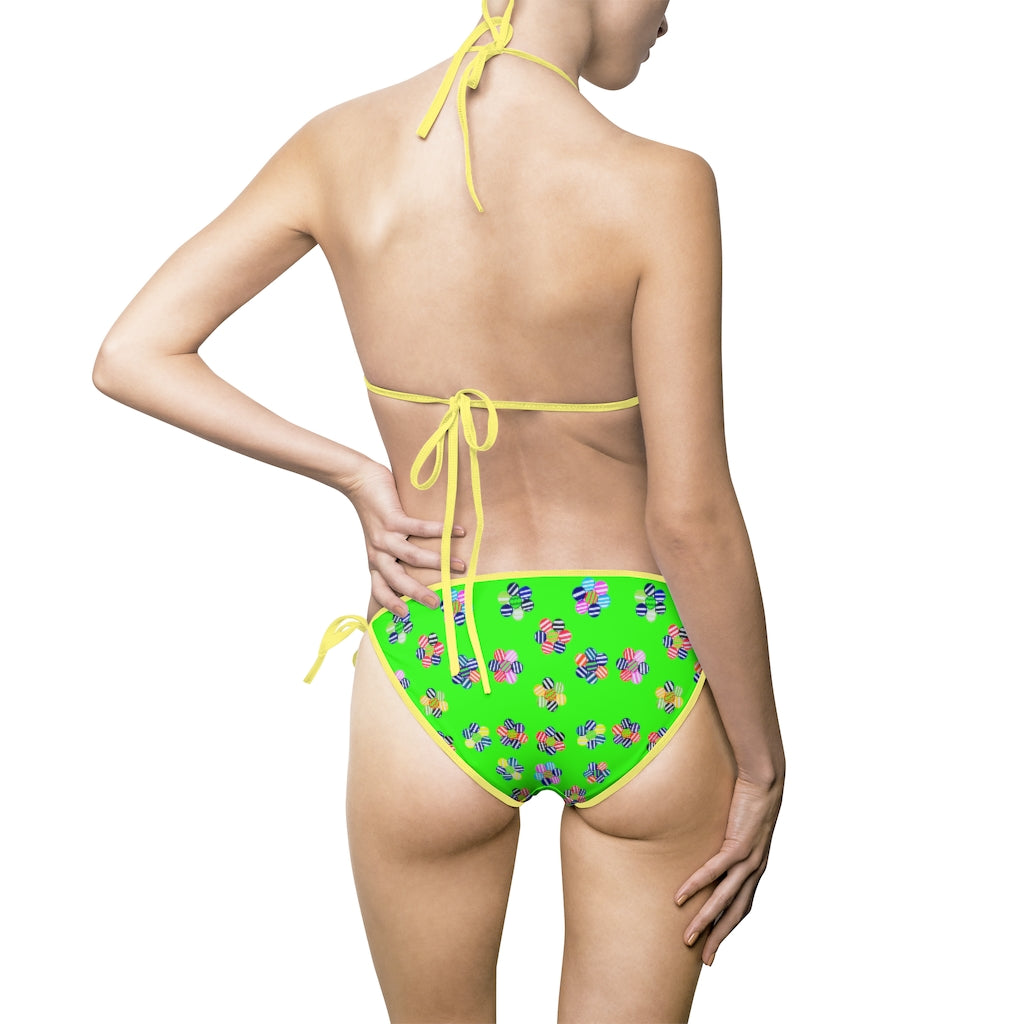 neon green geometric floral bikini set