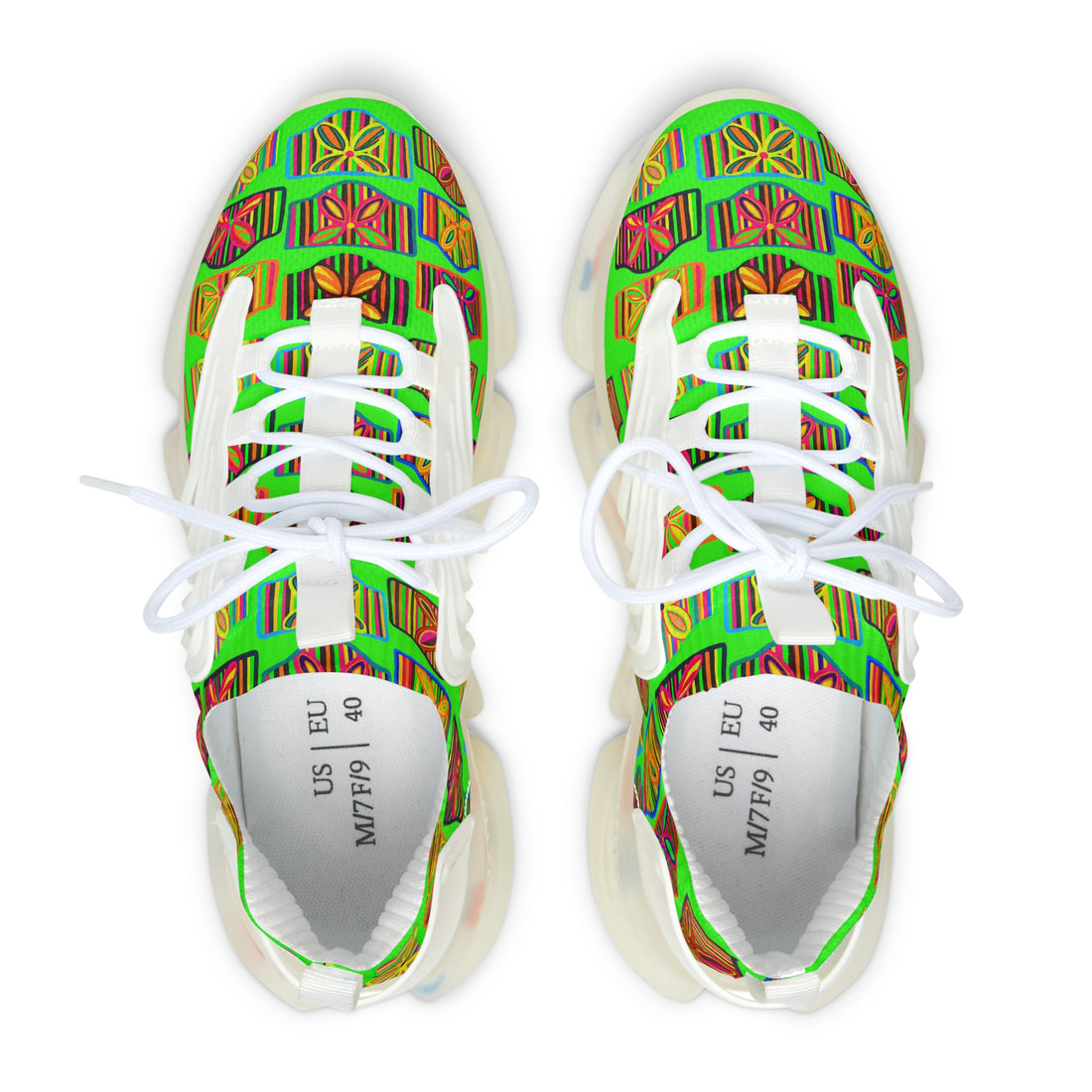 neon green women's art deco print mesh knit sneakers