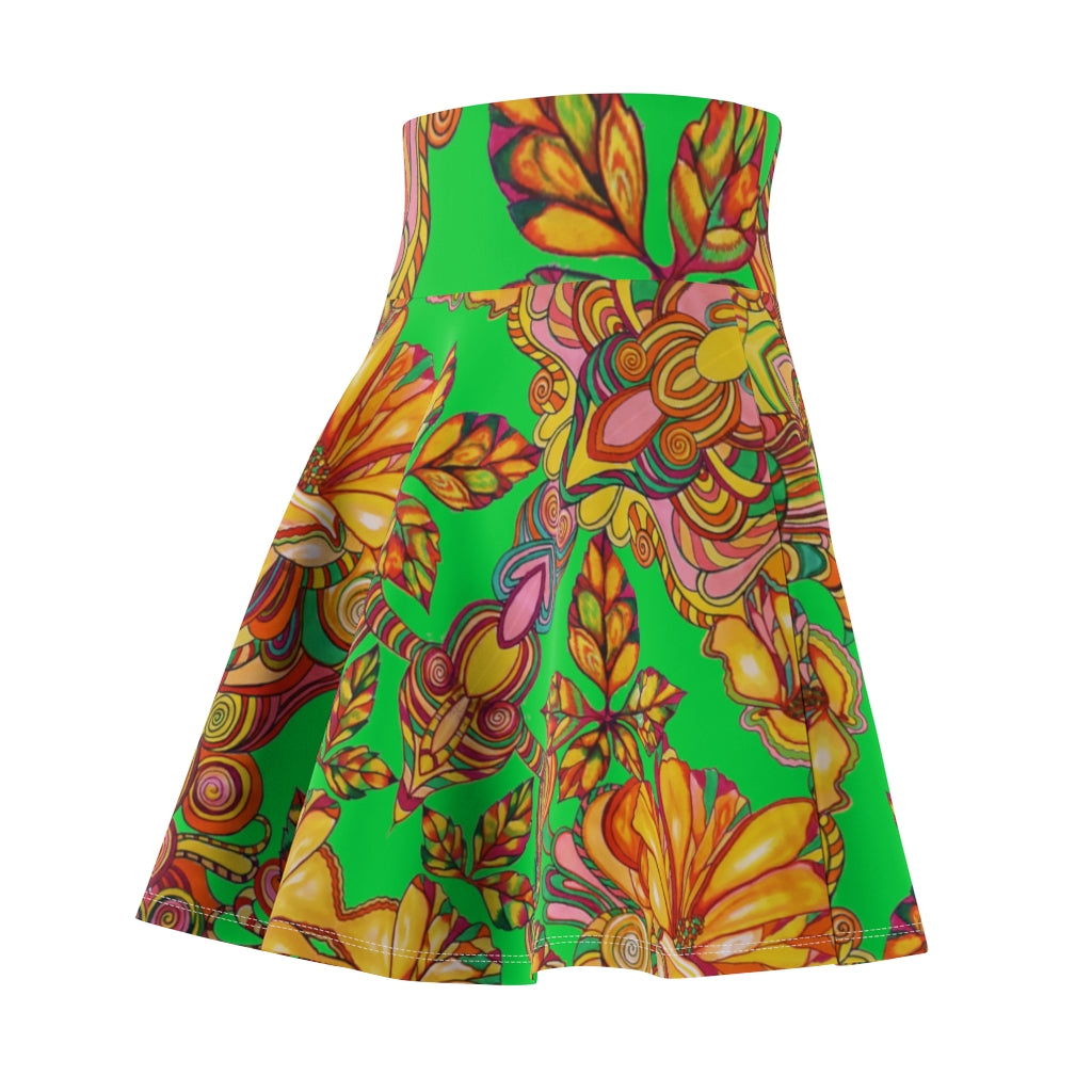 Artsy Floral Lawn Green Skater Skirt