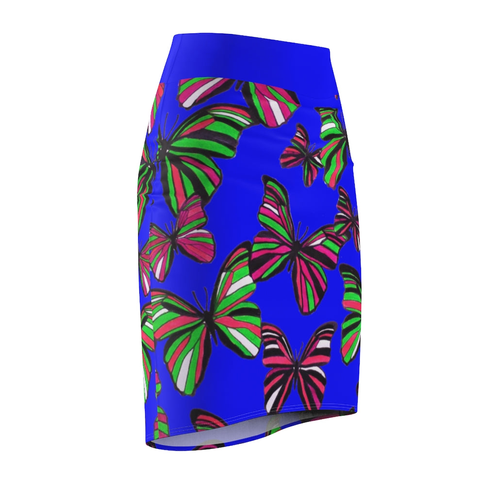 Electric Blue Butterflies Pencil Skirt