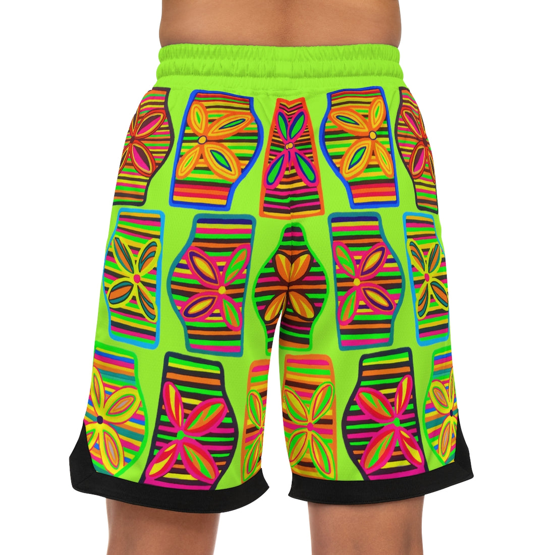 Lime Green Art Deco Print Basketball Rib Shorts (AOP)