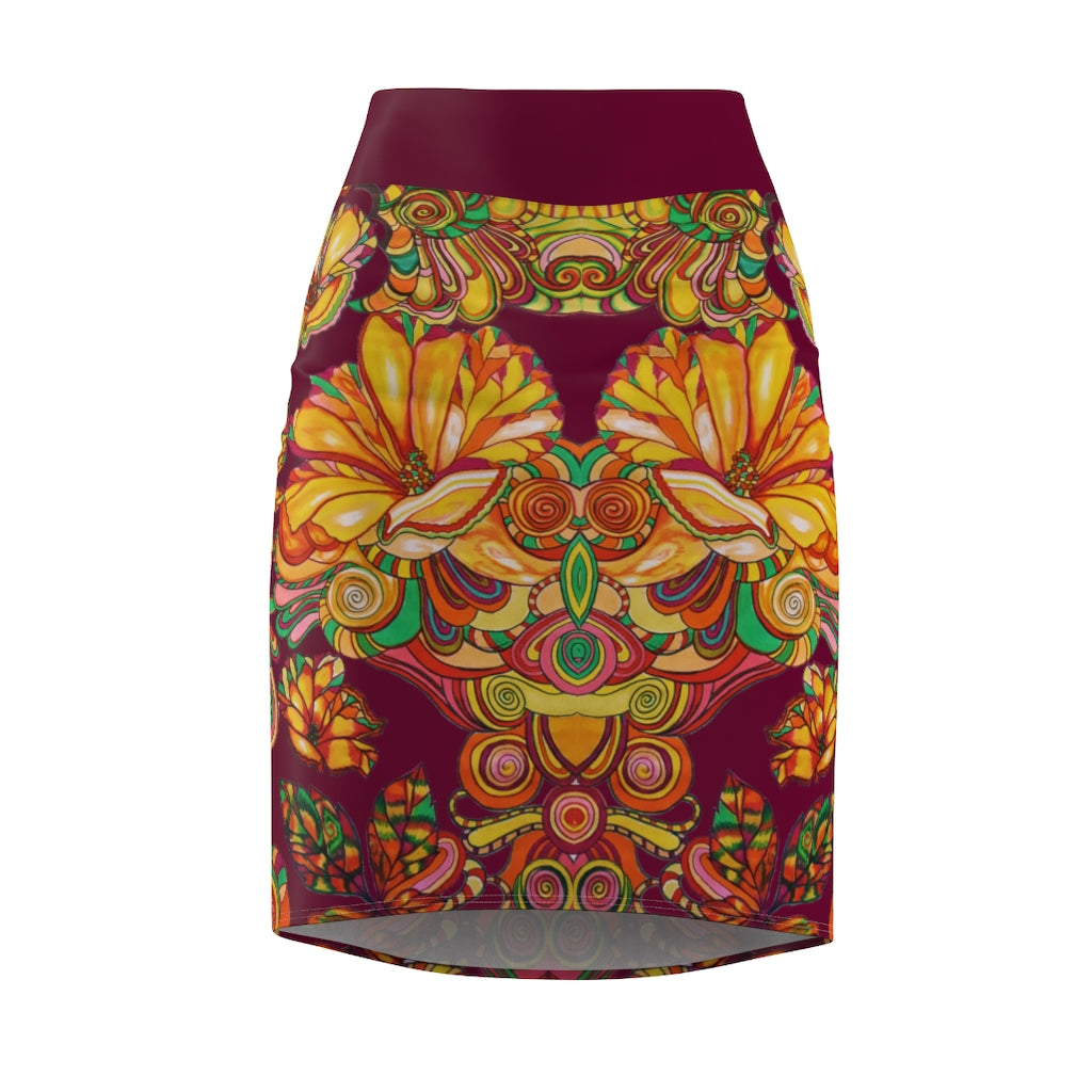 Artsy Floral Marsala Pencil Skirt