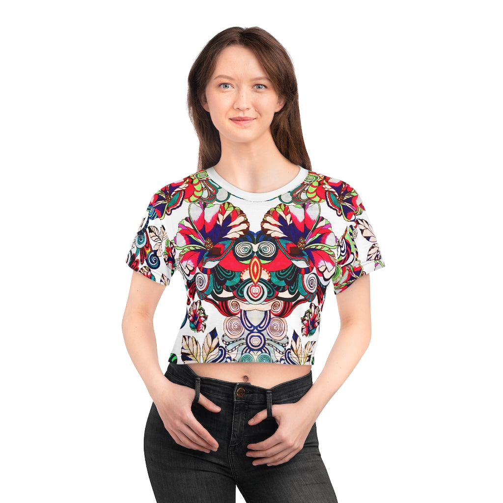 White Artsy Floral Pop AOP Crop Tee