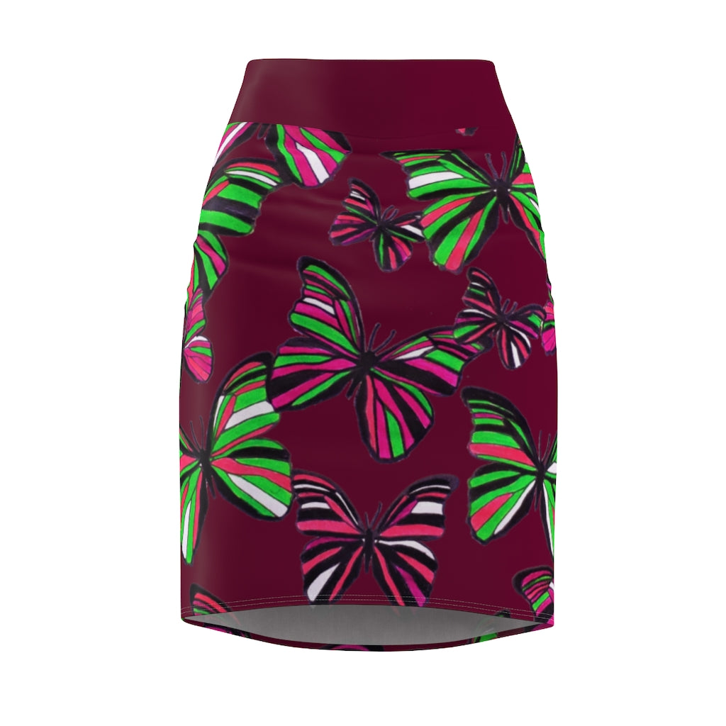 Marsala Butterflies Pencil Skirt