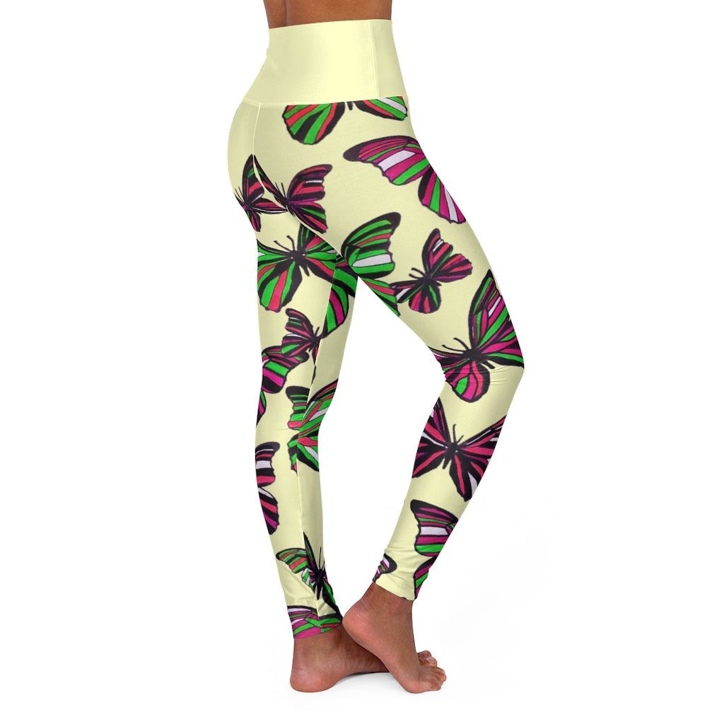 High Waisted Pale Yellow Butterfly Leggings