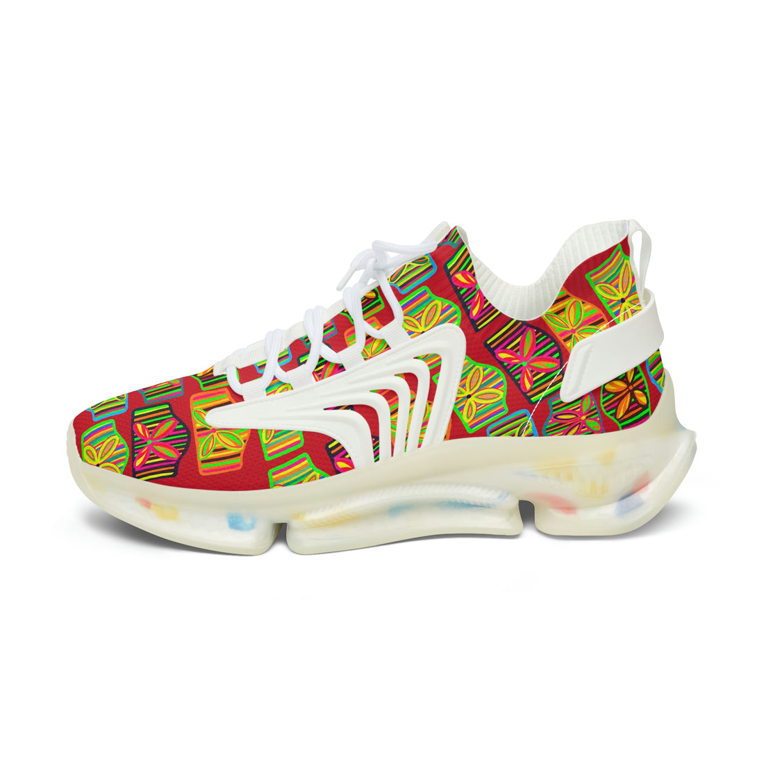 deep red women's art deco print mesh knit sneakers