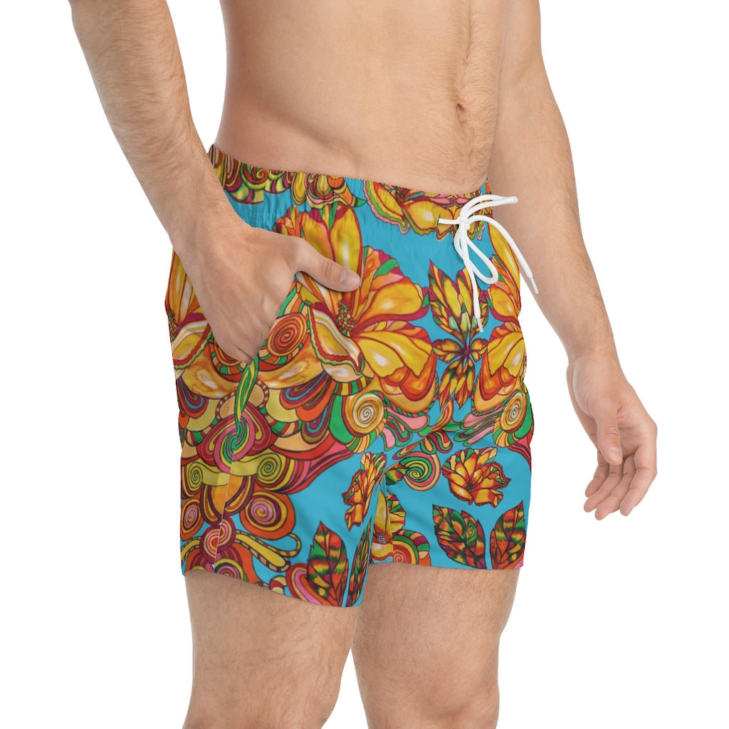 Artsy Floral Men's Aqua Swimming Trunks