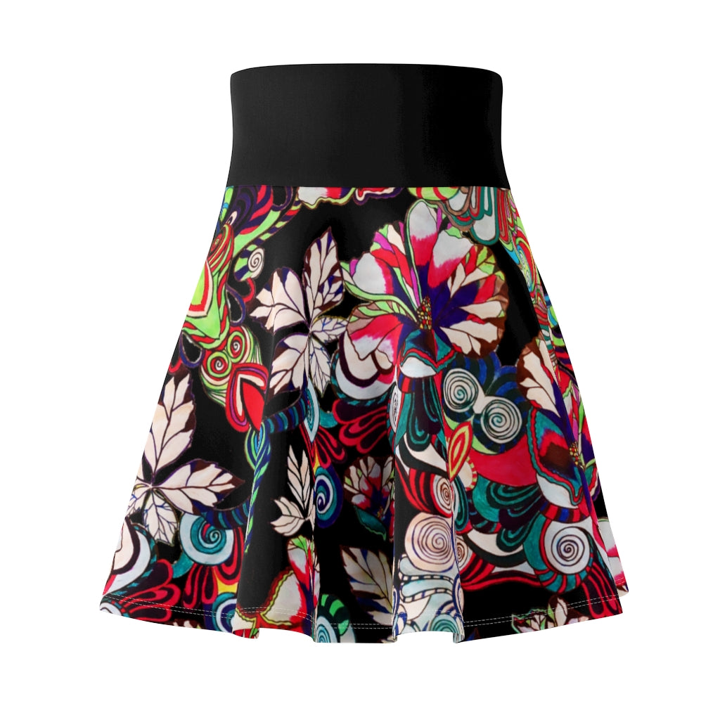 Graphic Floral Black Skater Skirt