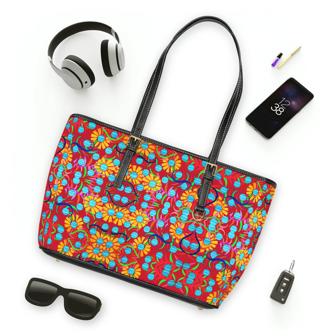 deep red sunflower print pu leather zipper tote bag