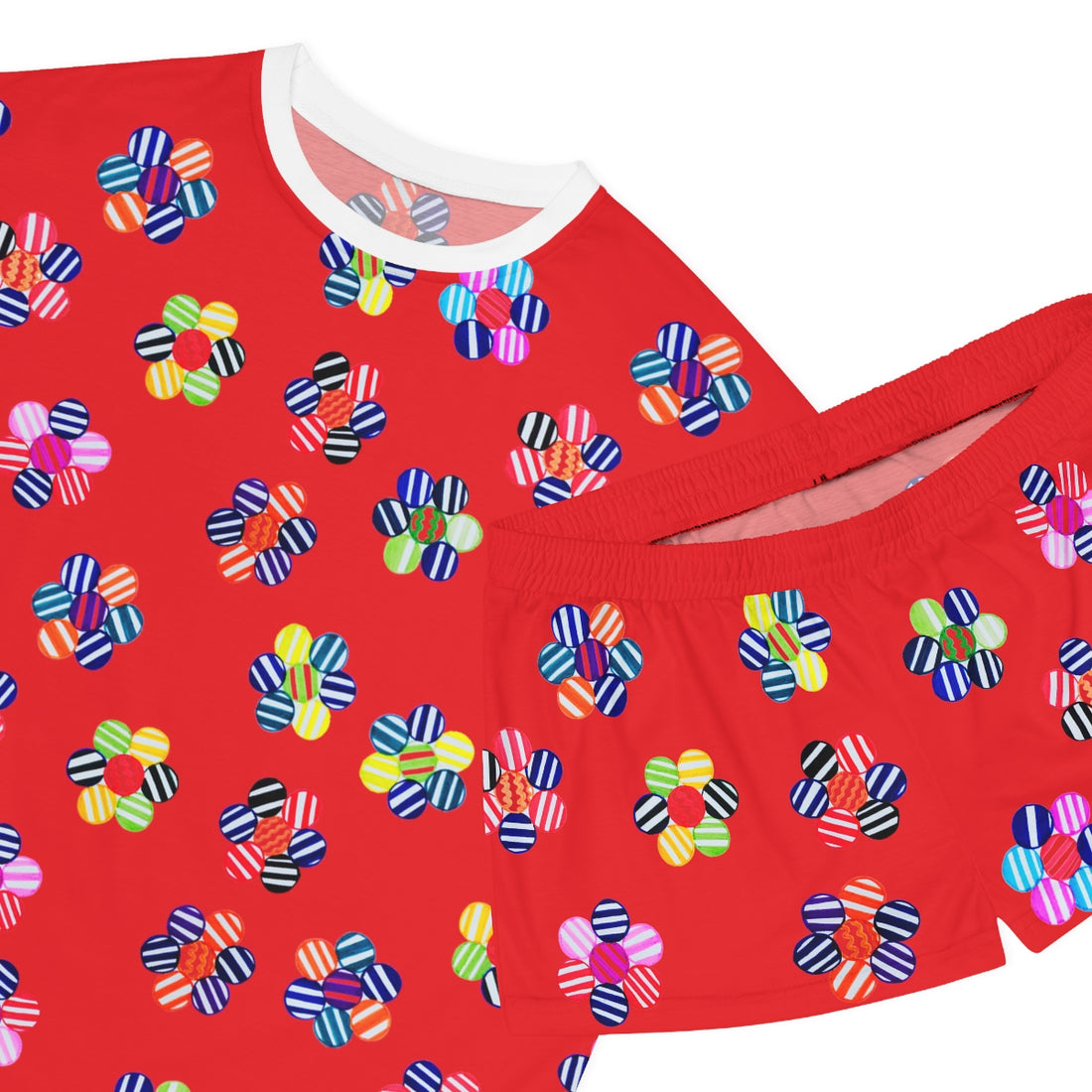 red geometric floral shorts & t-shirt pajama set