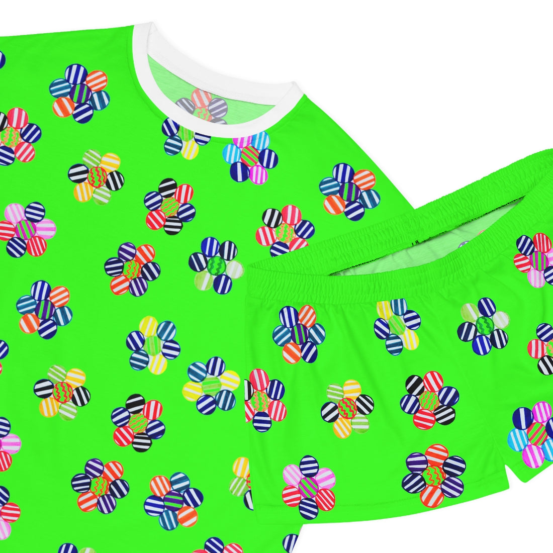 neon green geometric floral shorts & t-shirt pajama set