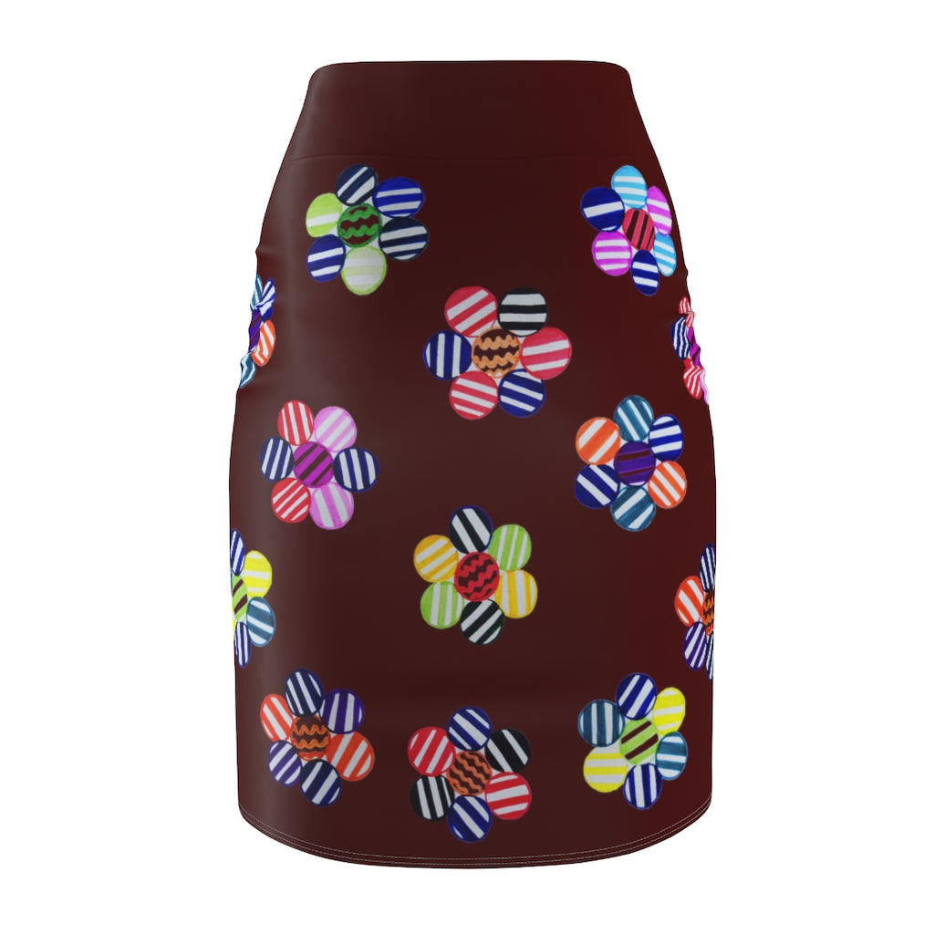 Marsala Candy Florals Print Pencil Skirt