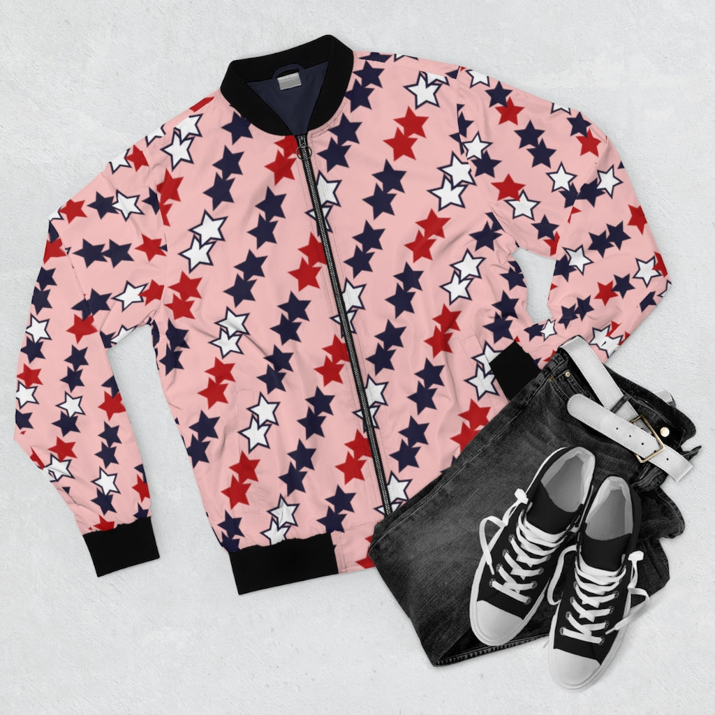 pink men's wear star print bomber jacket
