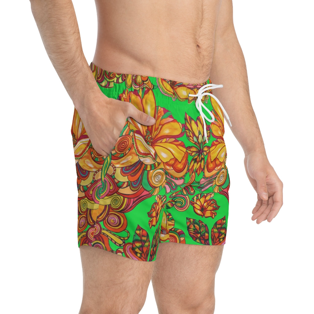 Artsy Floral Men's Green Swimming Trunks