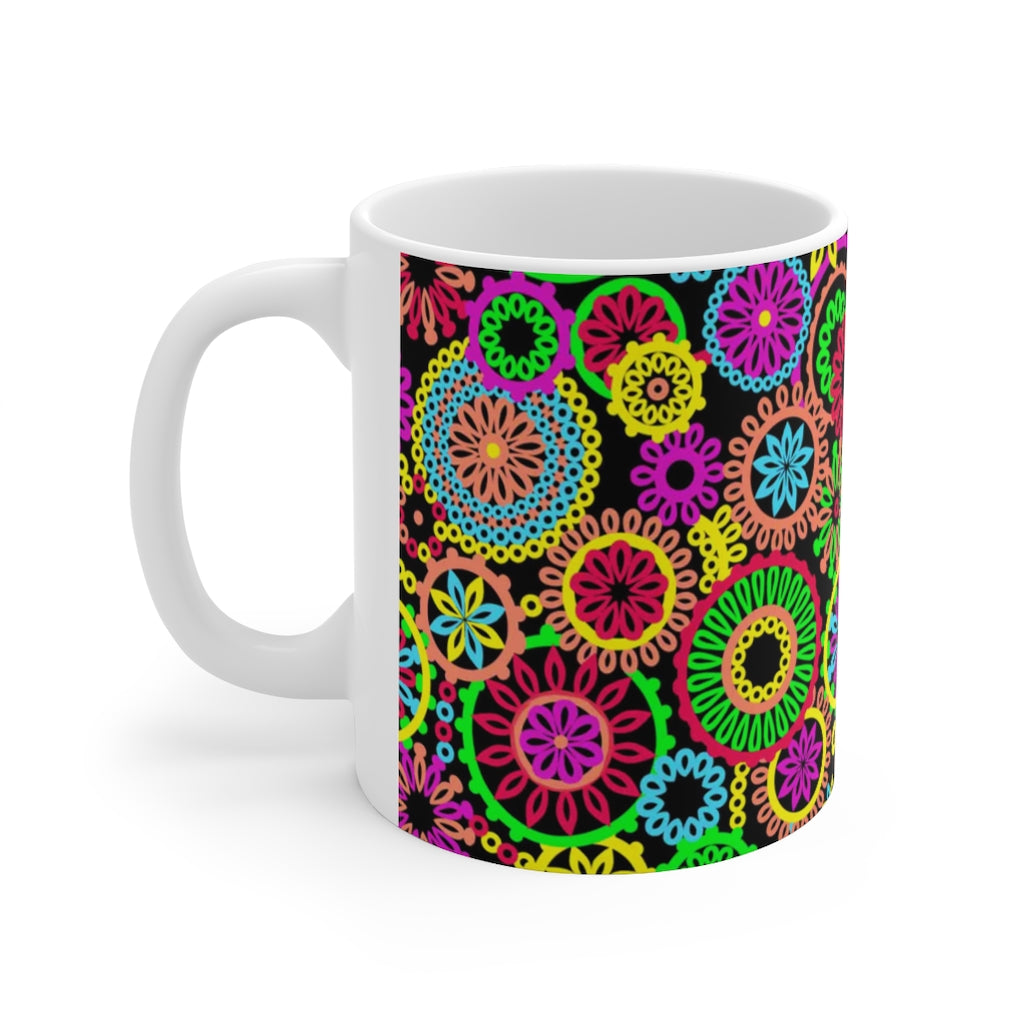 70S Circles Black Ceramic Mug 11oz