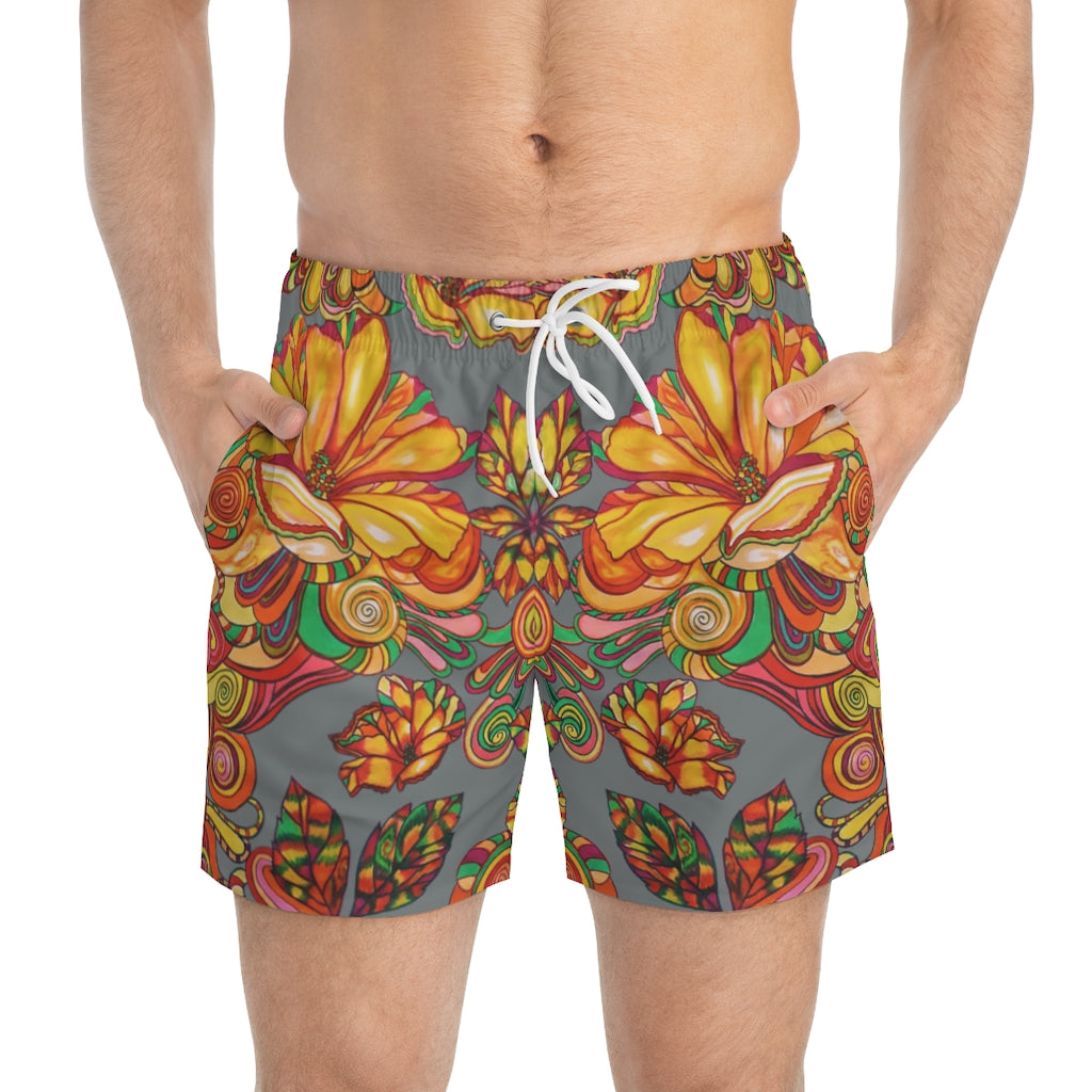 Artsy Floral Men's Ash Swimming Trunks